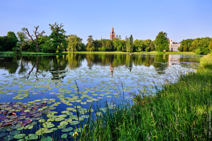 Oranienbaum-Wörlitz: Jezero s kostelem St. Petri Kirche und a zámkem ve Wörlitzer Park, část parku Dessau-Wörlitz © DZT/Florian Trykowski