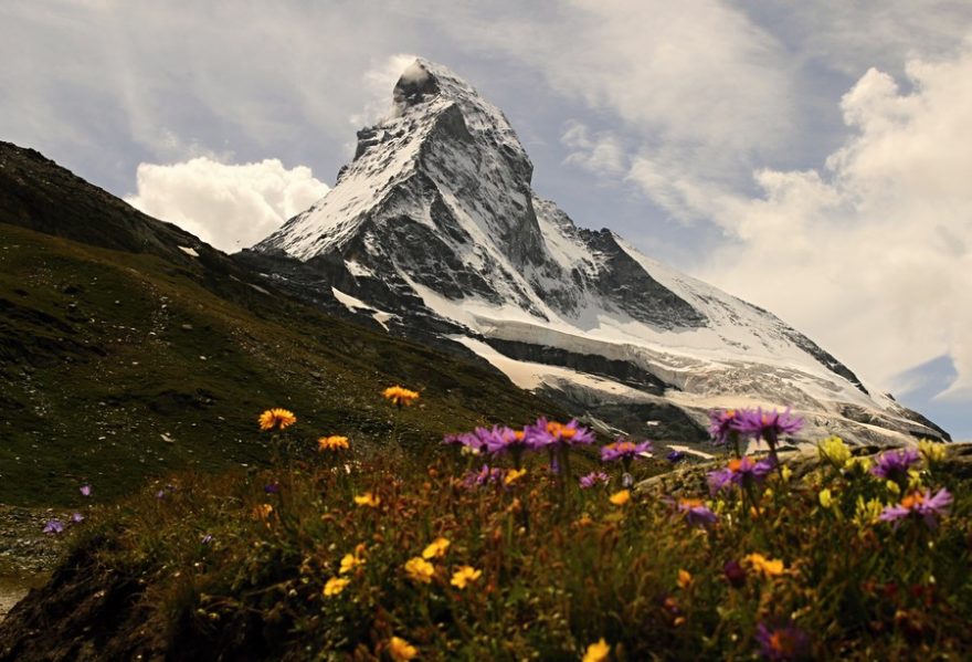 Matterhorn se tyčí nad pastvinami u Stafel Alp