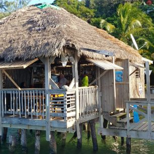 La Sirena je dřevěný bar na pláži Camp Bay, kde dělají ten nejlepší Rum Punch na ostrově, Roatan, Honduras